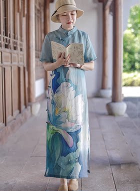 夏苎麻印花短袖连衣裙女中式长裙