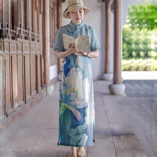 夏季苎麻印花短袖连衣裙女 复古斜襟盘扣中式改良旗袍修身长裙
