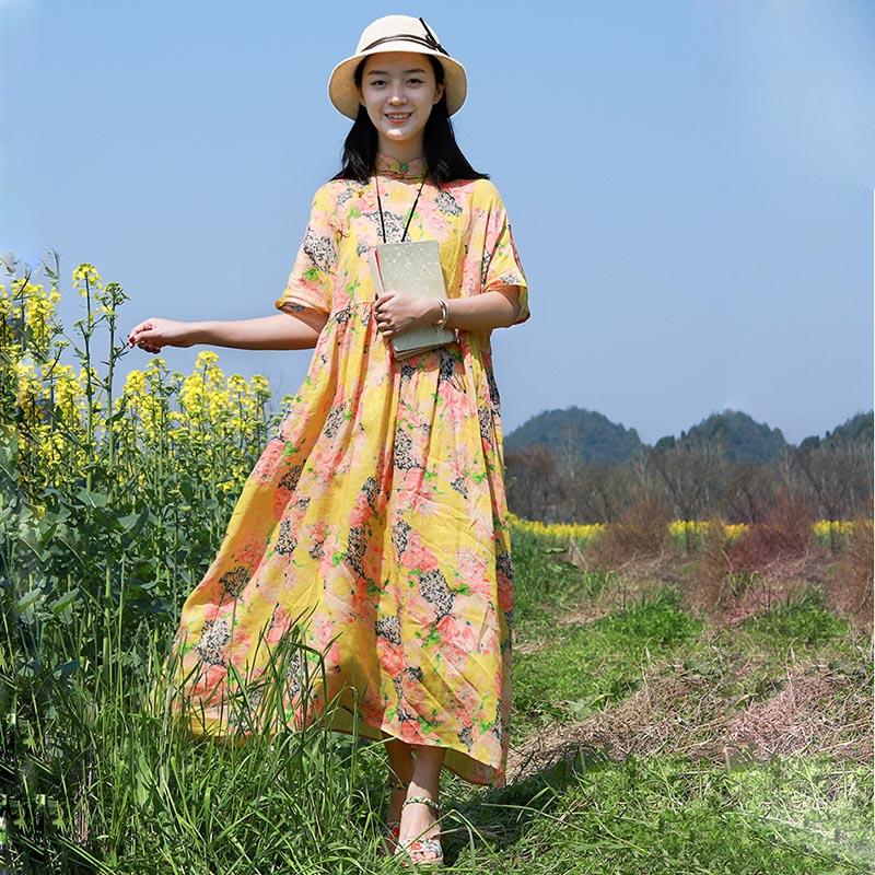 苎麻印花中式中长款裙子女夏宽松