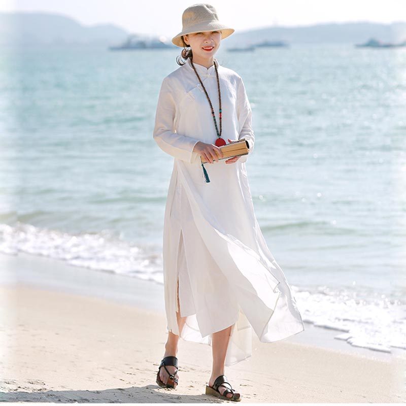 文艺复古天丝棉麻长袖连衣裙女 春夏季休闲度假沙滩裙白色长裙子