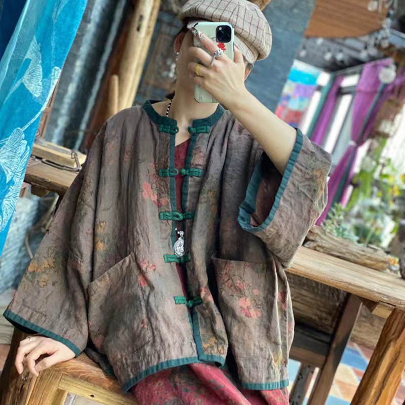 复古亚麻印花宽松版短外套女春夏
