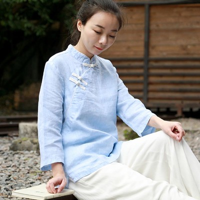 复古纯色亚麻中式立领衬衫女春夏