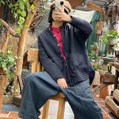 棉衣女复古宽松短款外套亚麻秋冬