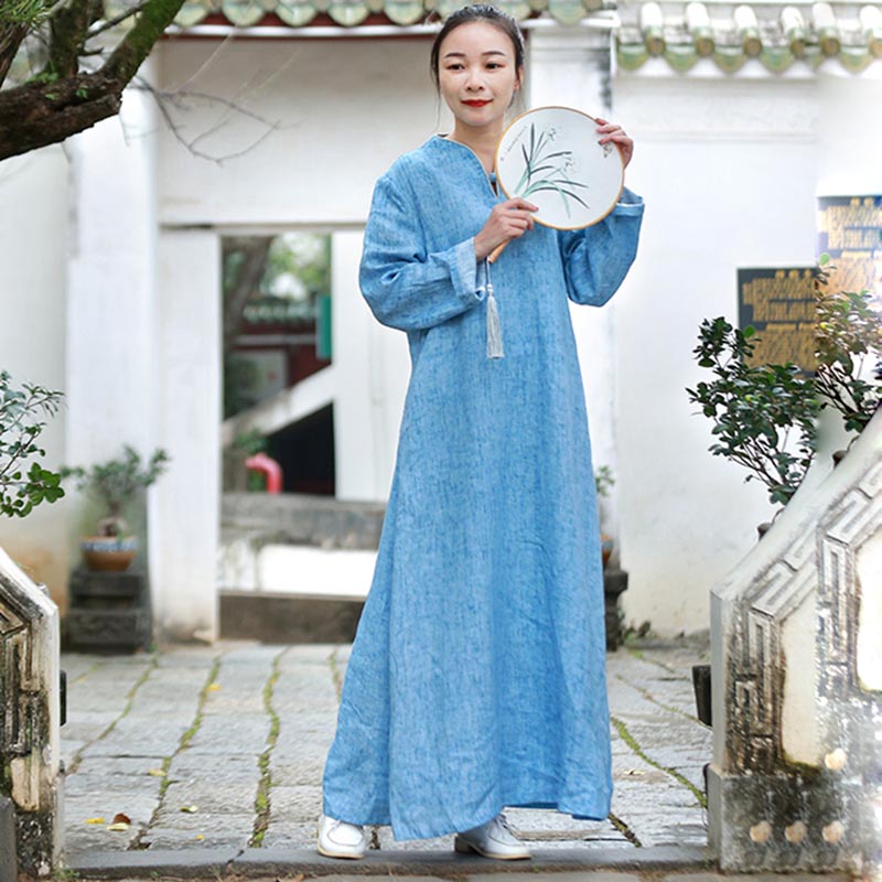 民族风亚麻炒色古典立领长袖连衣裙女 春秋修身显瘦加长裙子a字裙