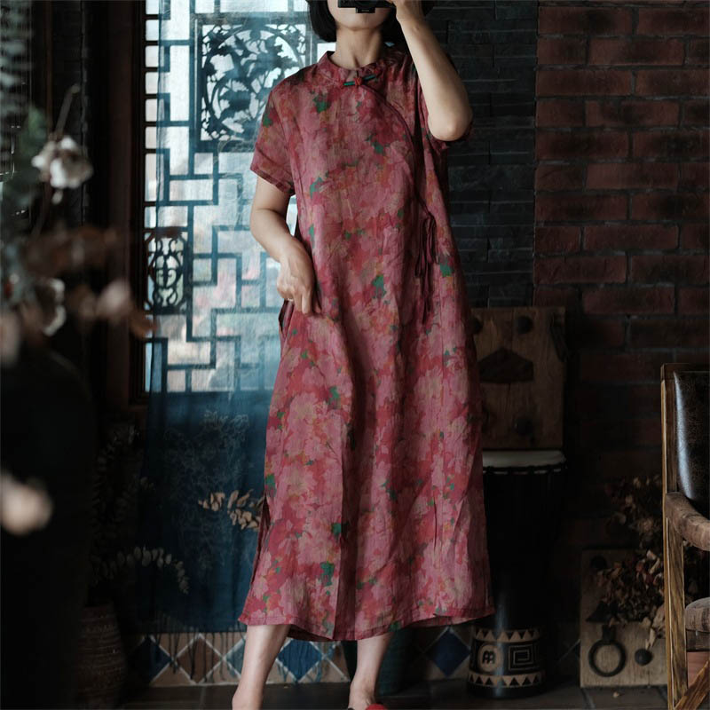 复古苎麻印花短袖连衣裙女 夏季中式盘扣宽松中长裙文艺套头袍子
