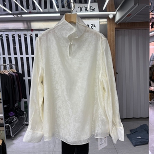 2026年春装新款时尚女装衬衫上衣立领长袖钉珠人丝印花宽松显气质