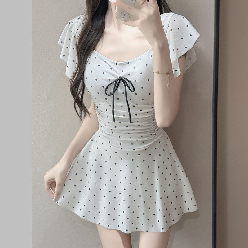 泳衣女款连体复古波点露背甜美裙式保守显瘦遮肚温泉少女学生泳装