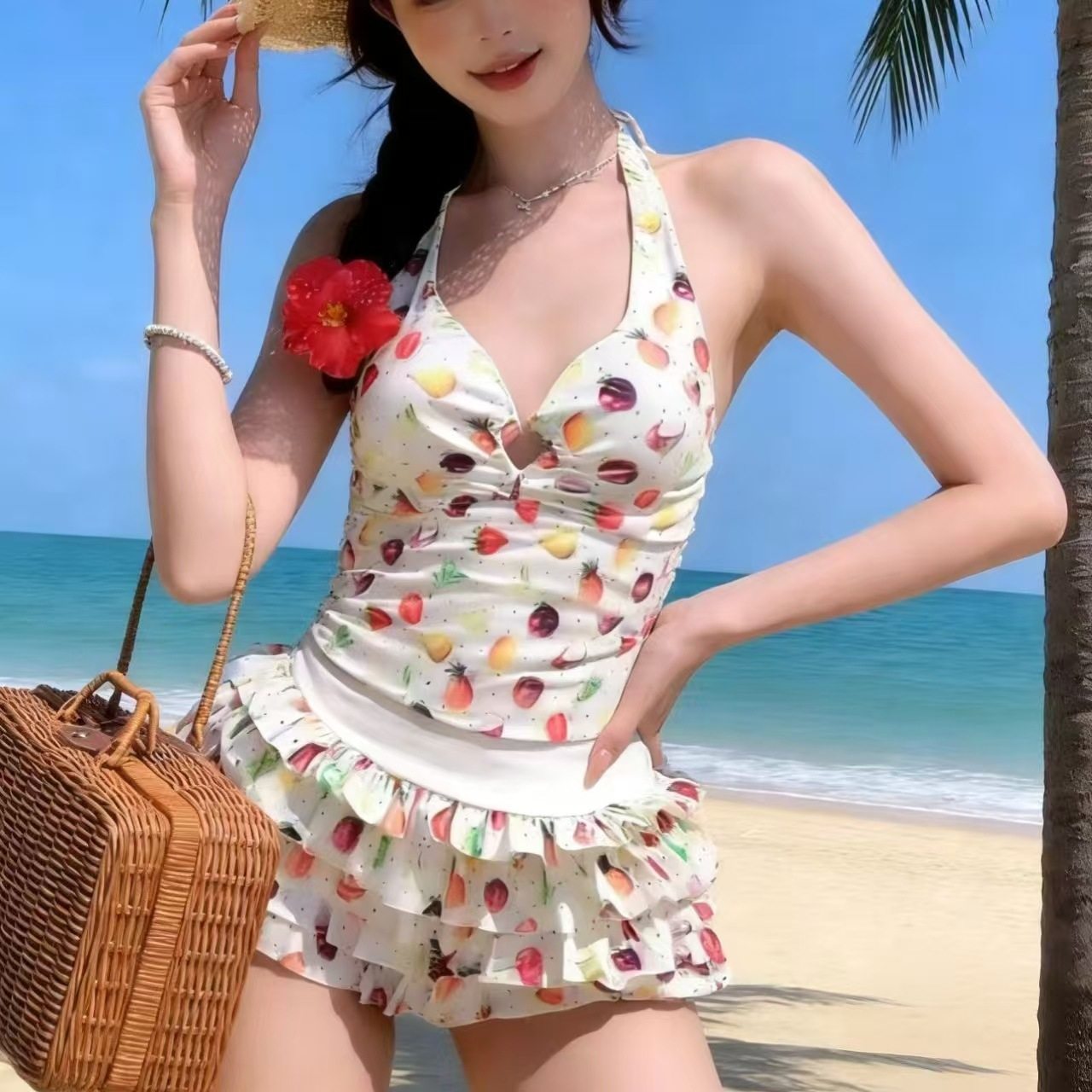 2026新款泳衣甜美少女水果印花分体平角裤紧身保守泡温泉游泳衣女,运动/瑜伽/健身/球迷用品,连体泳衣,淘宝优惠券,粉丝福利购,淘宝优惠卷