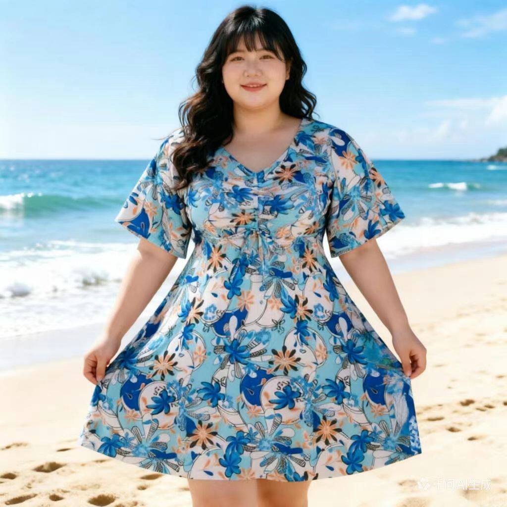 新泳衣女泡温泉胖mm加大码胖妞保守遮肚显瘦平角加肥碎花连体泳装