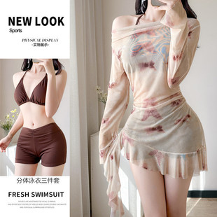 泳装 保守度假新款 温泉遮肚罩衫 仙气游泳衣女分体bikini比基尼长袖