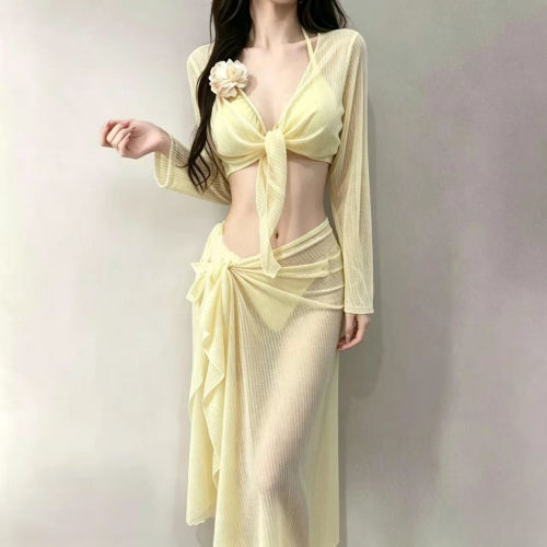 纯欲风性感比基尼bikini分体四件套长裙温泉度假长袖遮肉显瘦泳装