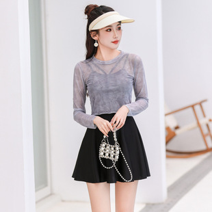 连体平角保守显瘦遮肚两件套长袖 新款 温泉学生泳装 简约泳衣女