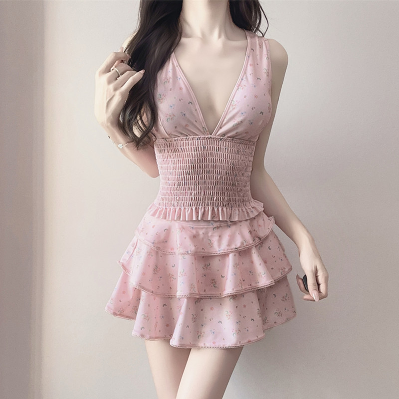 【吸氧少女】粉色泳衣女分体保守显瘦遮肚蓬蓬裙温泉度假收腰泳装