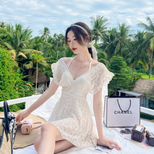 蕾丝泳装 2026新款 仙气游泳衣女连体平角保守显瘦遮肚性感ins大码