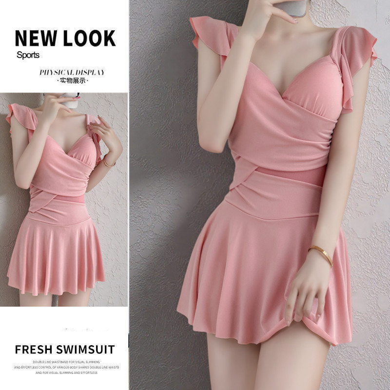 泳衣女夏连体平角保守显瘦遮肚大码学生粉色荷叶边温泉学生泳装女