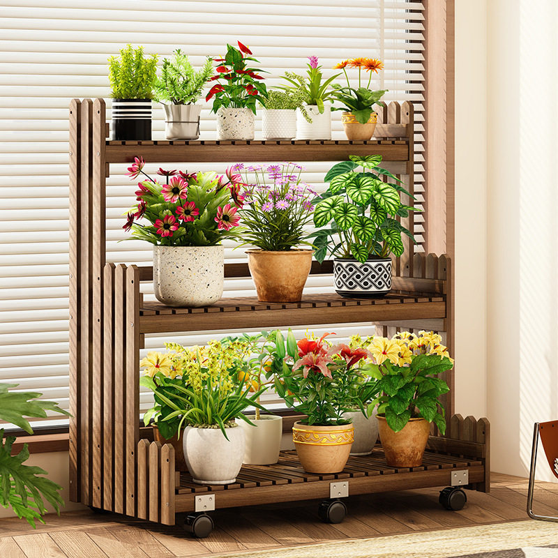实木花架田园风可移动置物架阳台客厅落地式阶梯式多层植物花托架