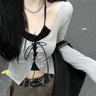 甜辣妹设计感小众chic两件套装早春夏短款露脐长袖纯欲jazz上衣女