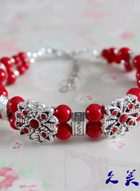 少数民族饰品 云南民族风手链 藏饰品苗银松石双排红色手串QSL111