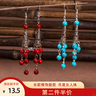 厂家直销原创西藏藏饰饰品 民族绿松石长款耳坠女式藏银耳环R050