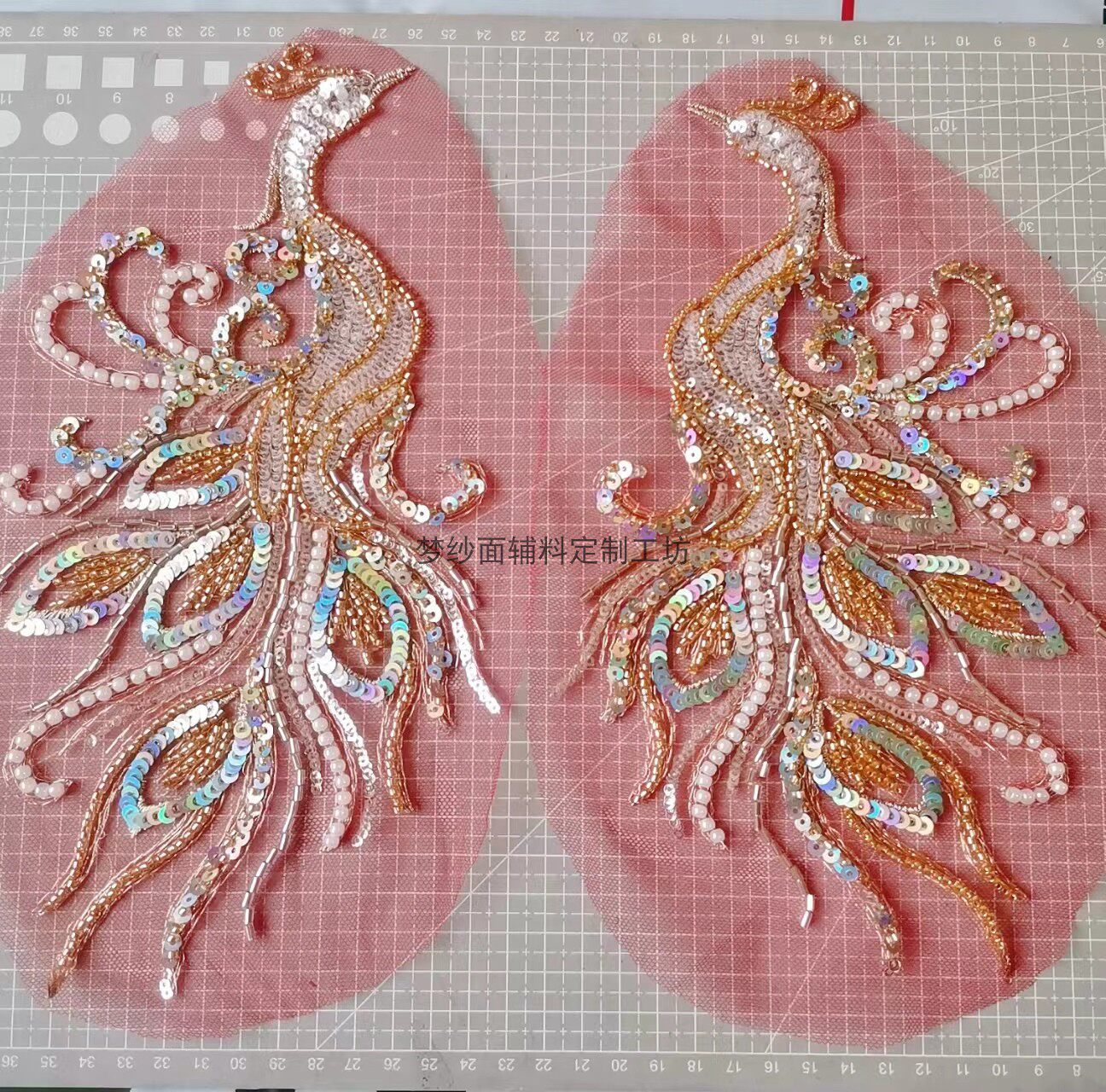 玉珠小凤刺绣花贴 珠绣凤凰 礼服秀禾辅料新娘刺绣diy对花新品