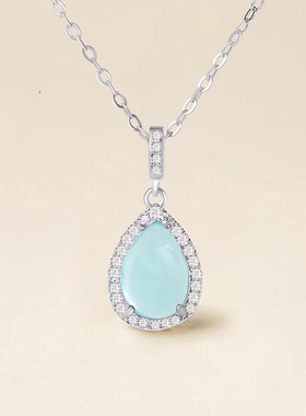 人鱼泪珠海蓝宝水滴纯银项链女韩版简约小众设计轻奢高级感锁骨