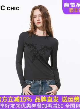 LINCCHIC金羽杰2026年春季新品圆领印花修身长袖T恤女S261FK149Y