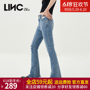 LINC金羽杰2023春夏季新款复古中高腰破洞微喇牛仔裤女S231JE185Y