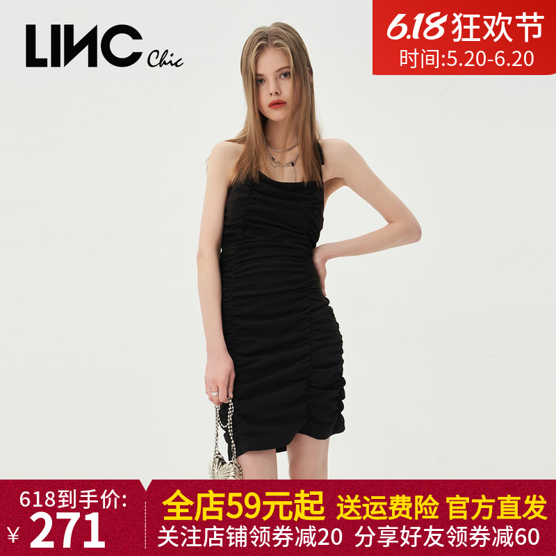 LINC金羽杰2023夏新款吊带包臀抽褶连衣裙one piece女S232DR320Y