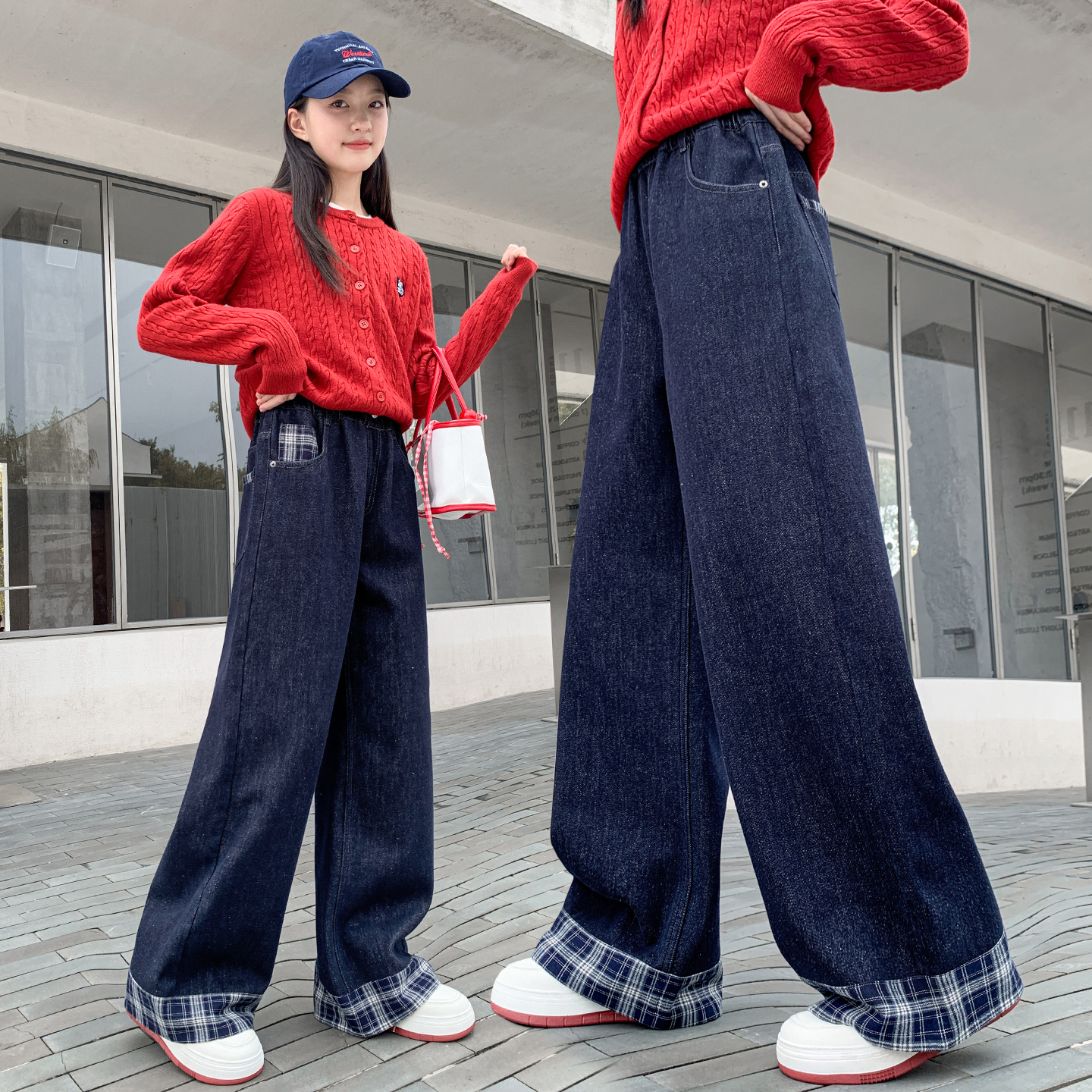 女童加绒牛仔裤秋冬款宽松阔腿裤