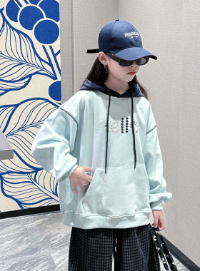韩国潮女童连帽卫衣春秋款2025新款女大儿童时髦运动宽松上衣秋装