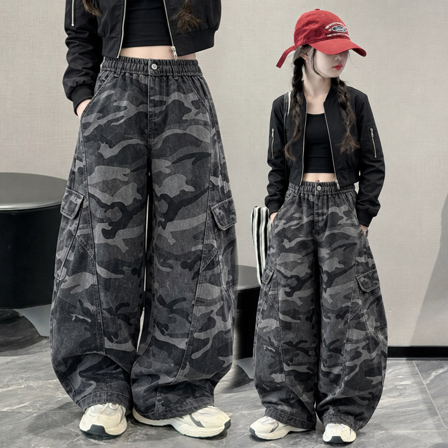 女童迷彩工装裤秋季新款阔腿裤中大童休闲长裤嘻哈街舞裤子加绒潮