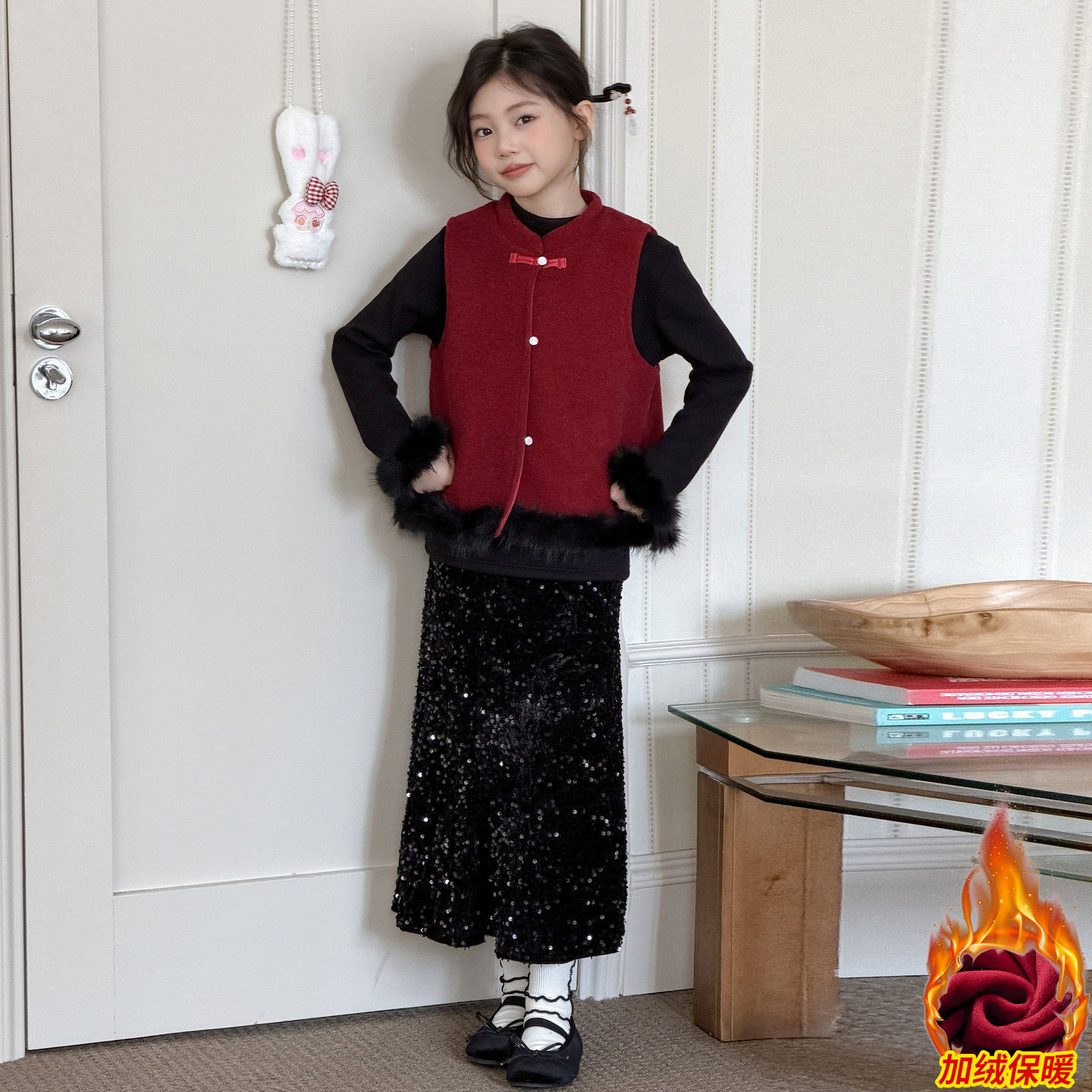 韩国女童套装连衣裙2025新款洋气加绒新中式拜年服红色马甲三件套