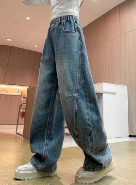 韩国潮女童裤子秋装2025新款春秋款阔腿裤女大童炸街直筒牛仔长裤