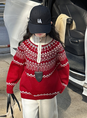 韩国女童毛衣冬装2025新款洋气女孩红色加厚针织衫中大童毛线衣潮
