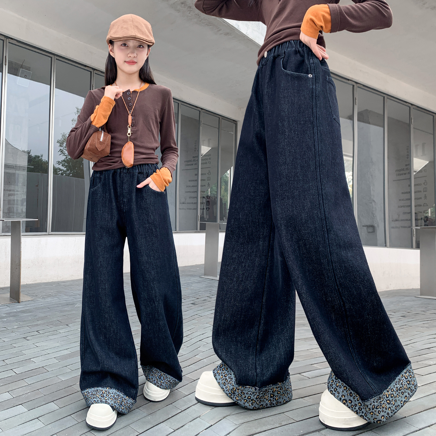 女童加绒裤子冬季加厚牛仔阔腿裤