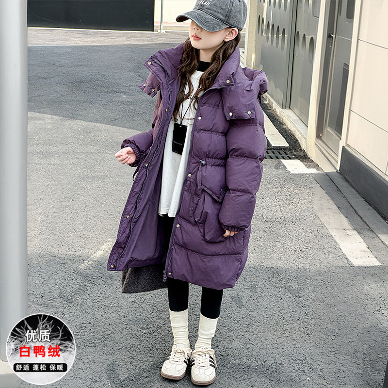 女童羽绒服中长款冬装白鸭绒外套