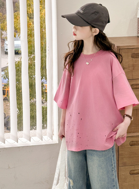 韩国女童短袖T恤夏季2025新款中大童洋气女孩宽松打底衫纯棉上衣