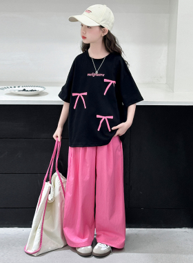 韩国女童套装夏装2026新款儿童装休闲短袖阔腿裤两件套中大童套装