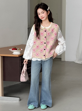 韩国女童套装春季2026新款中大童时髦新中式马甲衬衫牛仔裤三件套