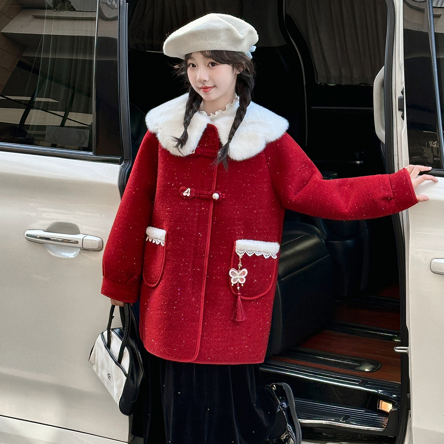 韩国女童呢子大衣秋冬2025新款洋气加绒加厚中大童红色本命年外套