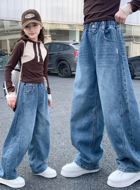 韩国女童牛仔裤春装2026新款中大童洋气休闲宽松直筒裤女孩长裤潮