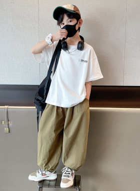 韩国潮男童夏装短袖套装2025新款痞帅儿童纯棉夏季男孩宽松灯笼裤
