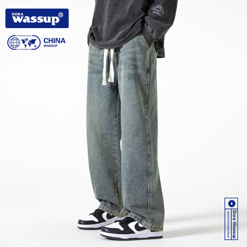 DORA WASSUP男士直筒牛仔裤秋冬季长裤复古水洗加绒宽松裤子男潮