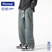 复古水洗加绒宽松裤 DORA 子男潮 秋冬季 长裤 WASSUP男士 直筒牛仔裤