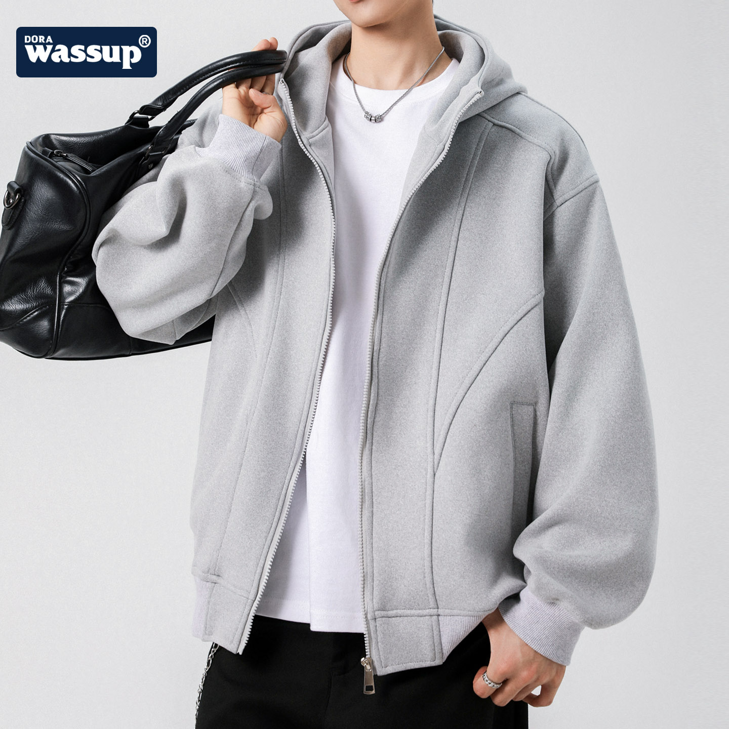 WASSUP宽松卫衣拉链连帽外套