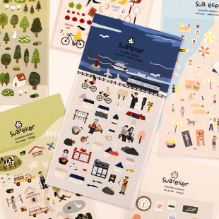 韩国sonia贴纸人物城市家居旅行手账帐沙滩滑雪美食装 饰咕卡贴画