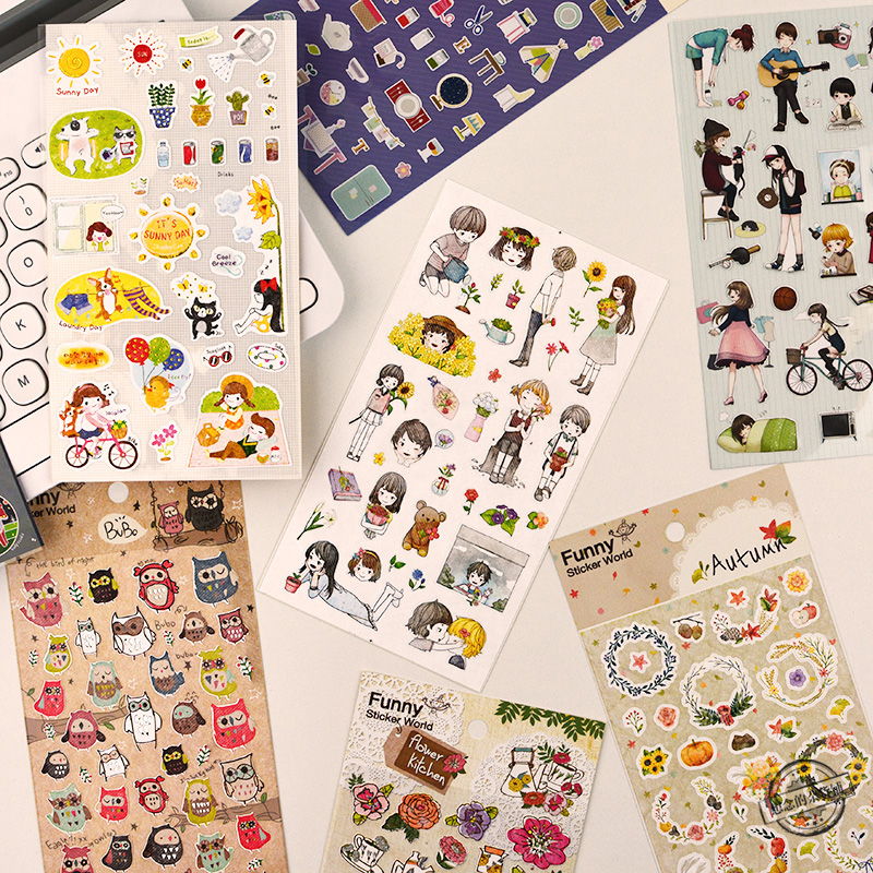 少女人物日常猫头鹰动物蛋糕寿司花朵韩国funny贴纸手帐相册贴画