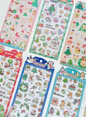 Nekoni圣诞老人熊兔猫狗雪人可爱动物防水PVC镭射手账手机装饰贴