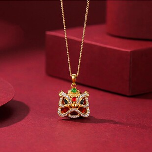 国潮醒狮镶钻吊坠925银项链配饰女轻奢小众高级感锁骨链中古饰品