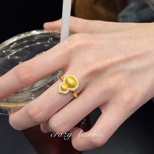 轻奢高级感锆石古法金色拉丝葫芦戒指女士旺财运偏财食指戒可调节